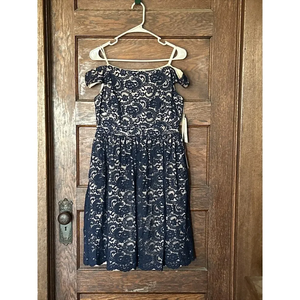 NWT Eliza J Navy Blue Floral Lace Nude Lined Off Shoulder Dress Sz 10 Fit Flare - Picture 1 of 10